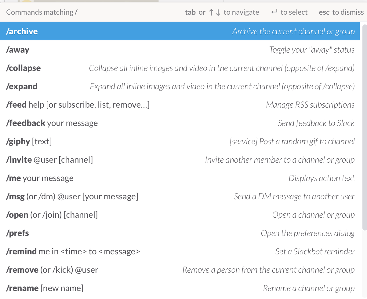Slack Command List